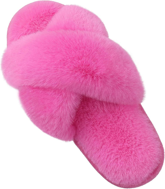 Evshine Women's Fuzzy Slippers Cross Band Memory Foam House Slippers Open Toe