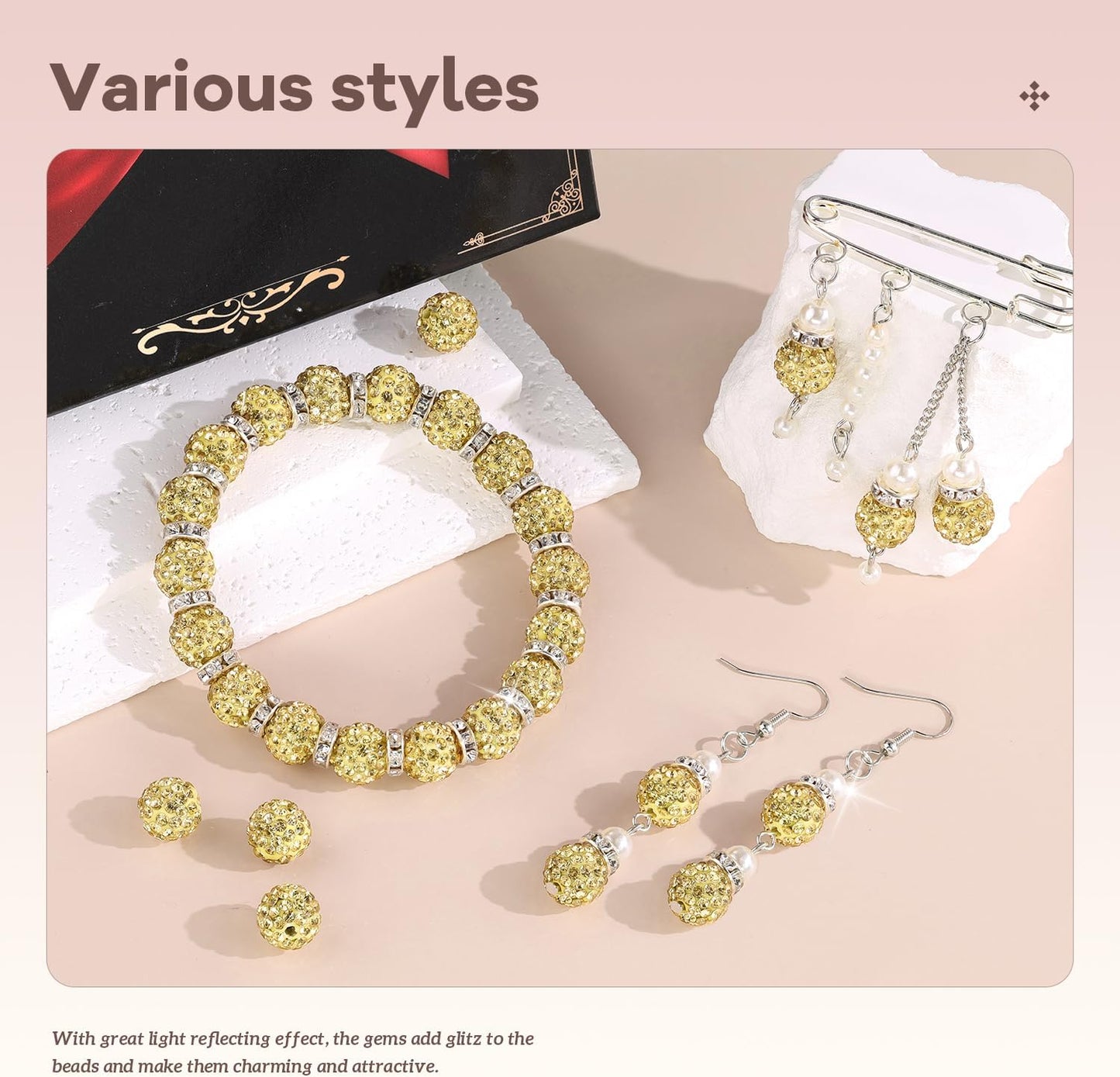 105pcs 10mm Rhinestone Beads for Jewelry Making, Light Yellow Shiny Round Disco Beads Bulk, Sparkle Crystal Clay Christmas for Bracelet Baseball Necklace Earring Crafting and DIY
