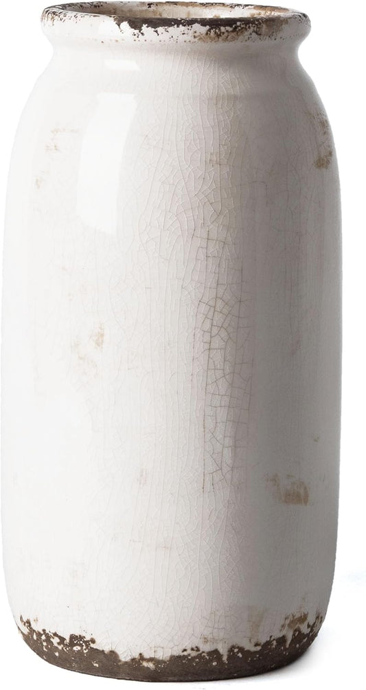 VICTOR & TERESA Rustic Large White Vase for Home Decor, 10'' Tall Ceramic Vases for Flowers, Farmhouse Decorative Vases for Pampas Grass, Table, Mantel, Living Room, Centerpieces
