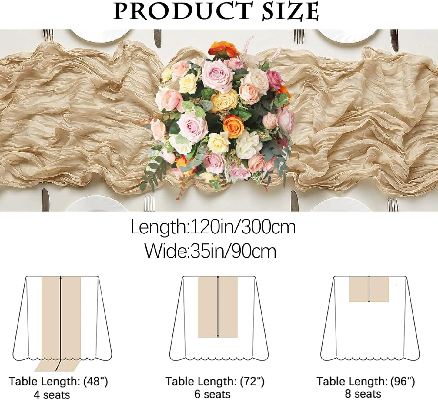 4 Pack Beige Cheesecloth Table Runner 35x120 Inch Boho Gauze Fabric Cheese Cloth Table Runner 10Ft Rustic Romantic Sheer Table Runners for Wedding Party Bridal Baby Shower Long Table Decoration