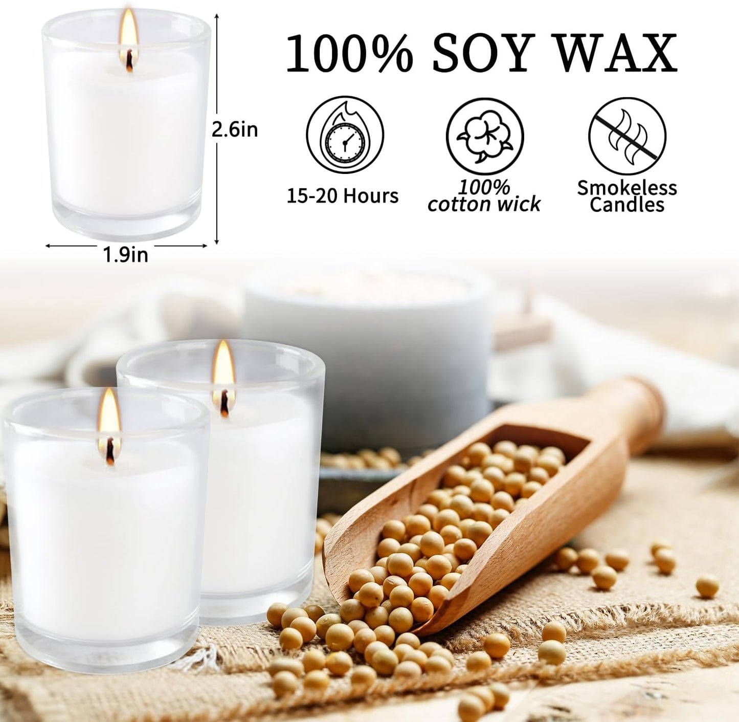 48 Pack Warm White Unscented Clear Glass Filled Votive Candles. Hand Poured Wax Candle Ideal Gifts for Aromatherapy Spa Weddings Birthdays Holidays Party.