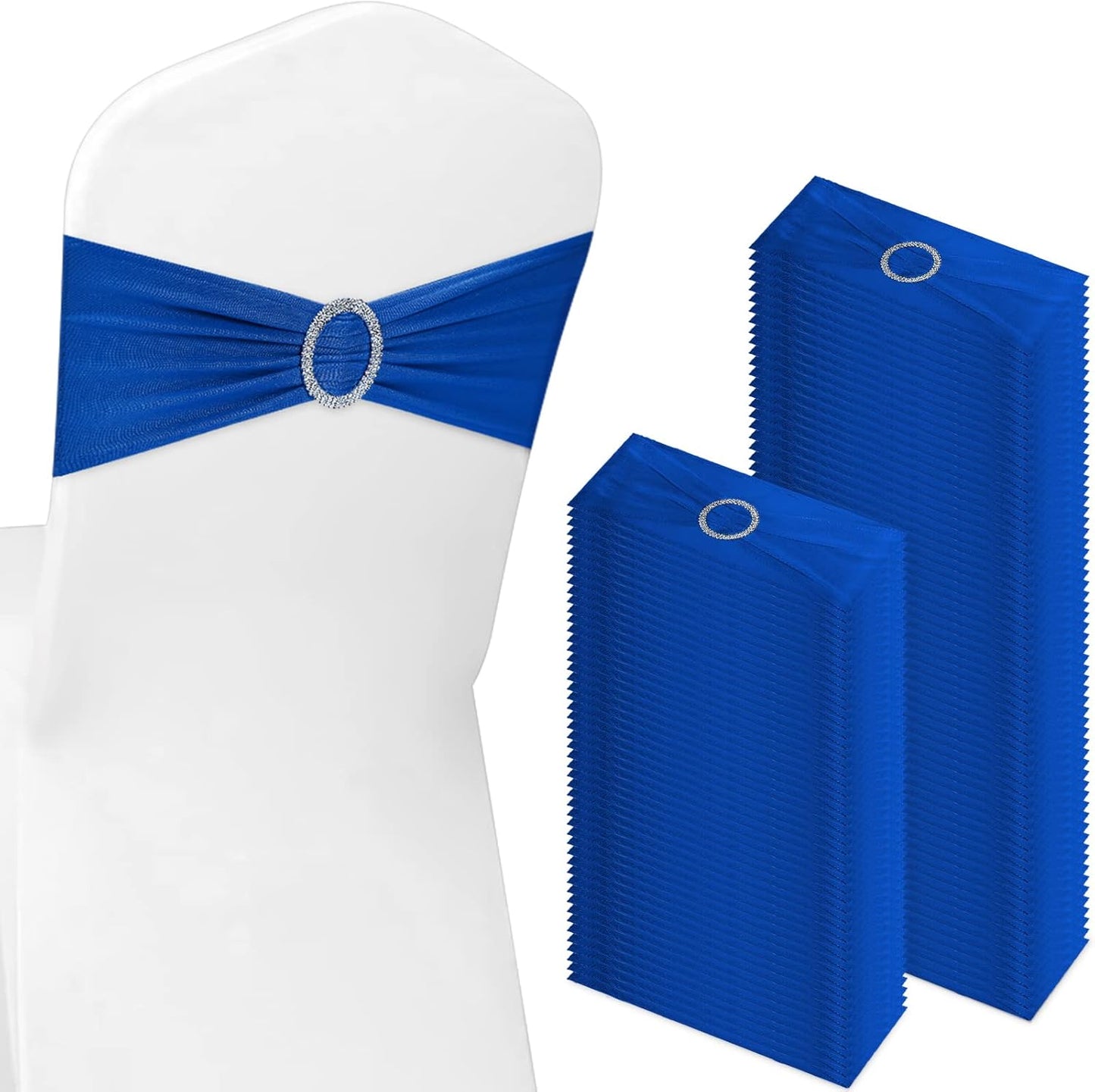 CHENGU 150 Pieces Spandex Stretch Chair Sashes Bows Elastic Chair Cover Bands Ties with Buckle Slider for Wedding Party Reception Events Universal Ceremony Banquet Decorations (Blue)