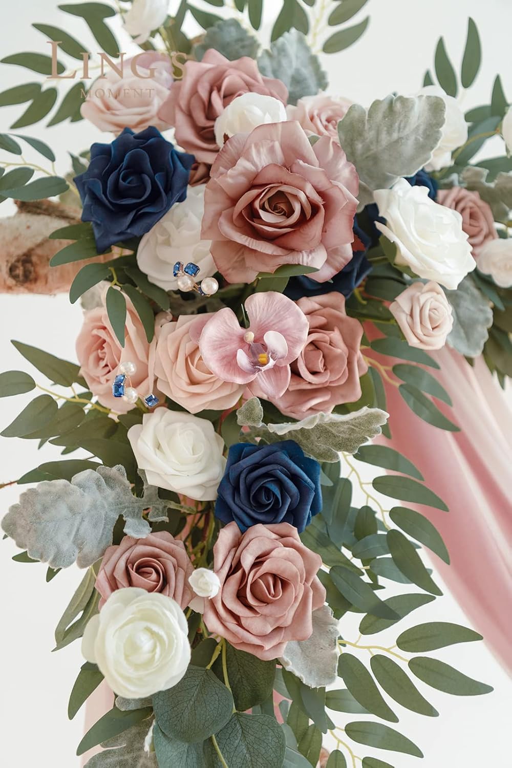 Ling's Moment Pink Blue Artificial Wedding Arch Flowers Kit Pack of 4, 2pcs Hanging Flower Arrangement 2pcs Chiffon Drapes Ceremony Reception Fake Rose Arbor Backdrop Floral Party Outdoor Decorations