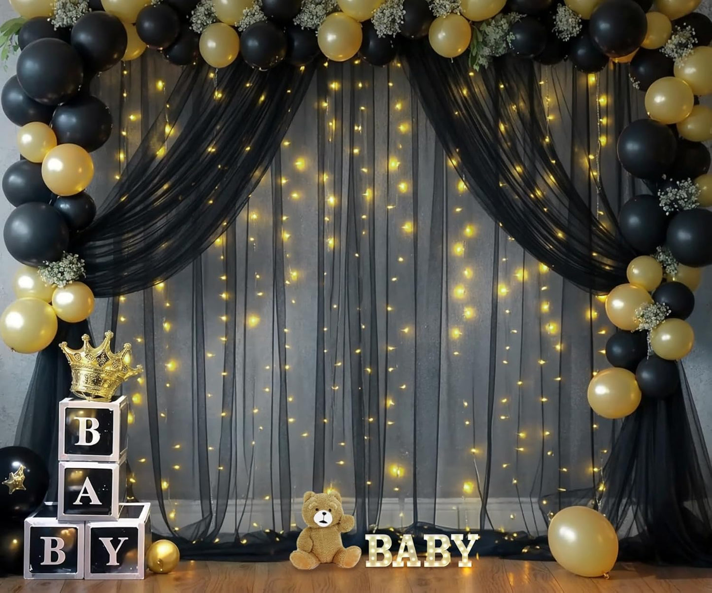 Black Tulle Backdrop Curtain with Lights String for Parites 20ft×10ft Black Sheer Backdrop Curtains for Baby Shower Wedding Bridal Shower Birthday Party Photo Shoot Decorations(4 Panels 5×10ft)