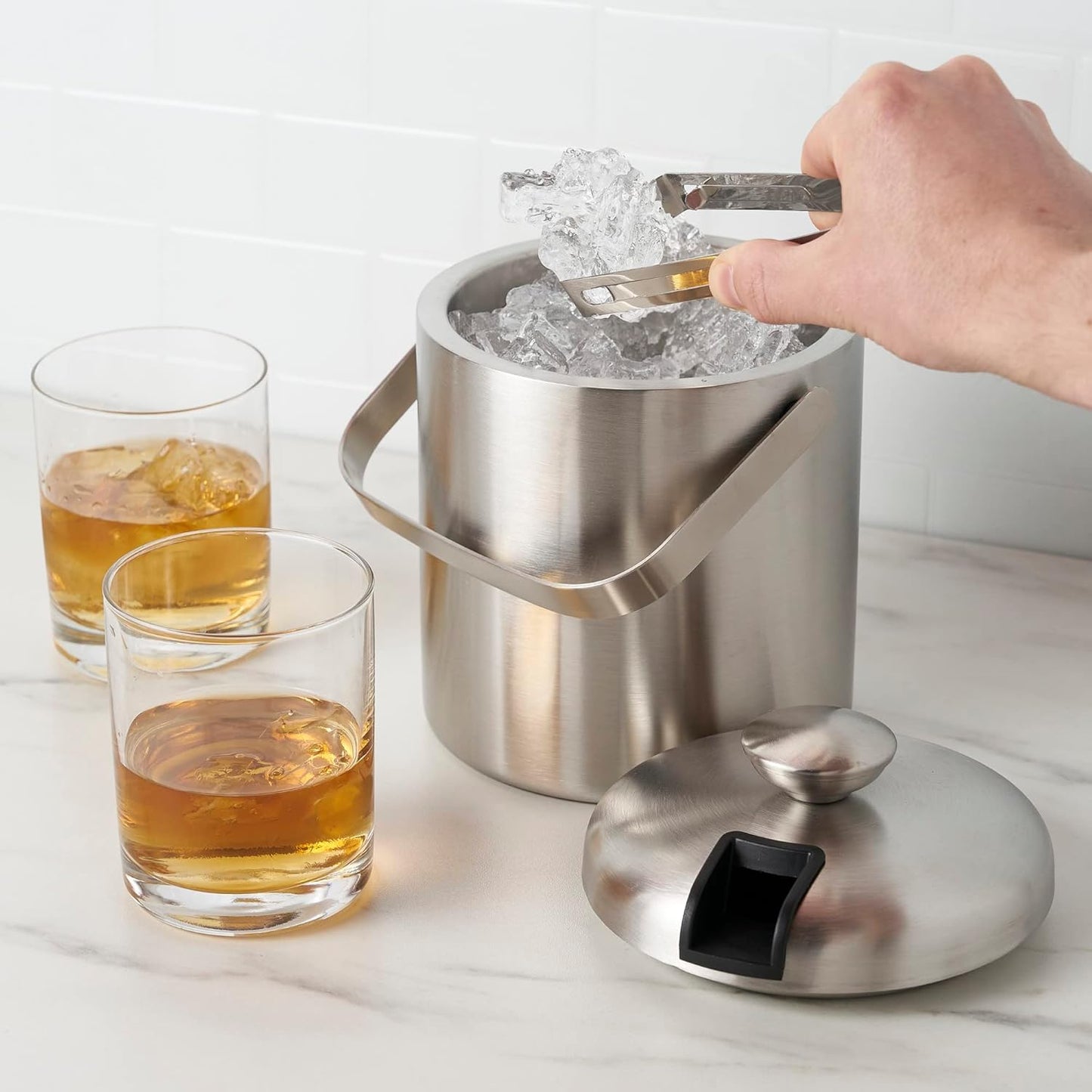 True Stainless Steel Ice Buckets for Parties with Lid, 1.3L Capacity Double Wall Ice Bucket with Tongs, Insulated Ice Bucket for Cocktail Bar, Set of 1