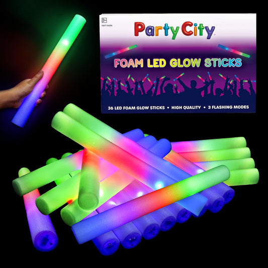 Party City 36pk LED Foam Glow Sticks 14”- Glow in the Dark Party Supplies Favors, Colorful Flashing Wand with 3 Modes, Foam Light Up Sticks Bulk Party Pack for Wedding, Birthday, Concert, Halloween