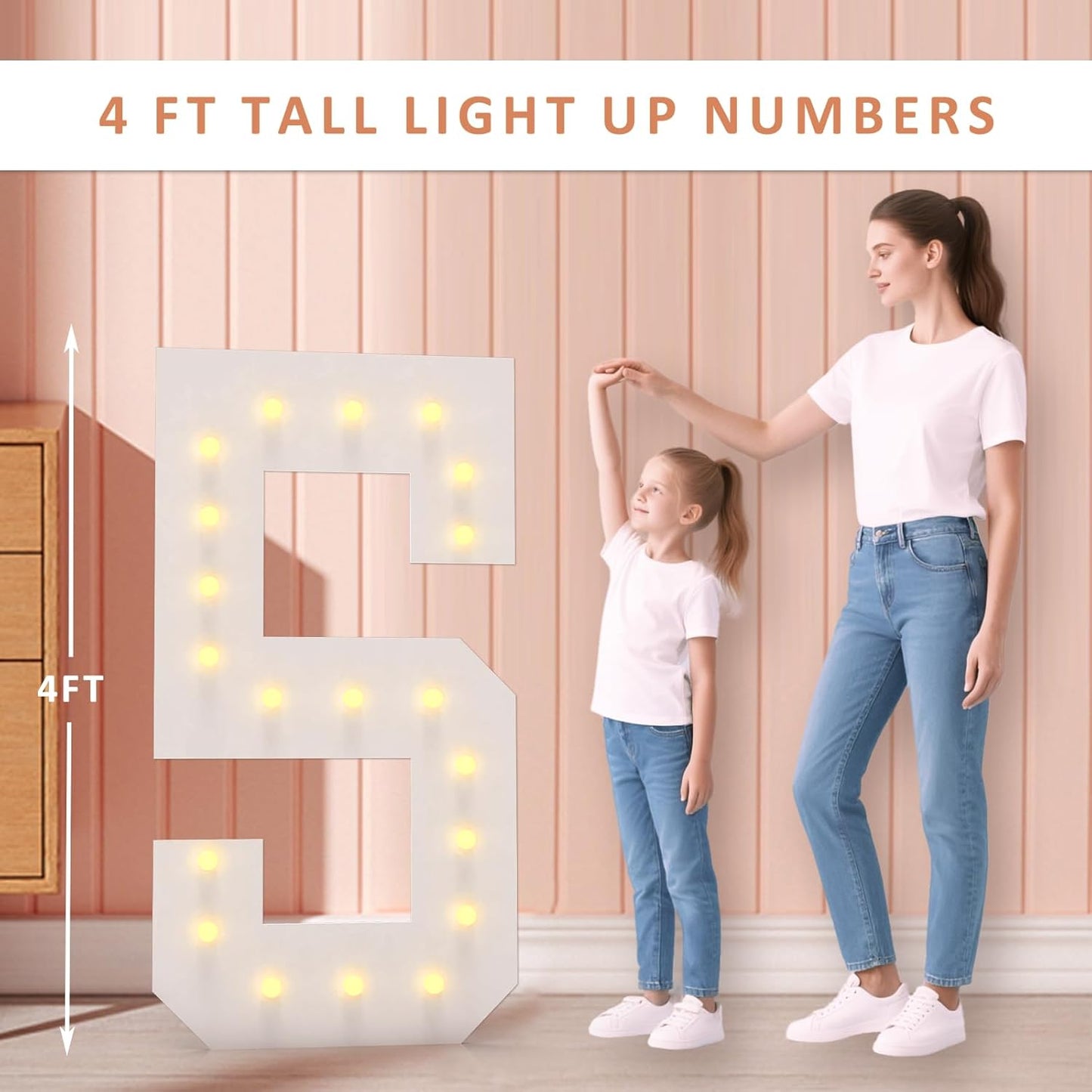 LOBOOM 4FT Light Up Numbers, Marquee Numbers 4 Feet Tall Giant Number 5 Mosaic Big Number Sign for 5th 15th 50th Birthday Party Backdrop Anniversary Decorations, Pre-Cut Large Frame