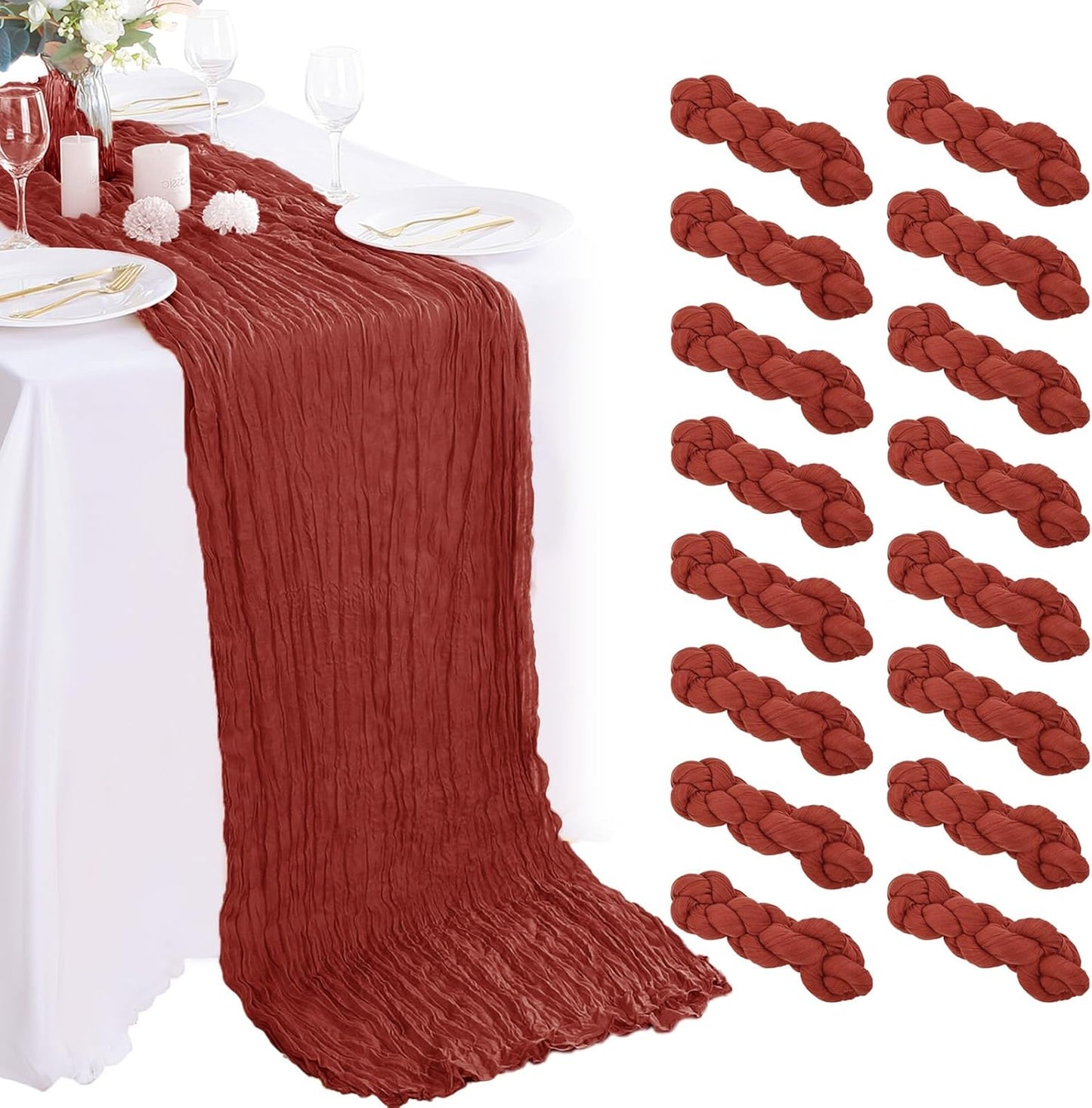 16PCS Terracotta Cheesecloth Table Runner 10FT Table Runner Cheesecloth 35x120Inch Boho Gauze Cheese Cloth Table Runner Long Rustic Sheer Table Runners for Wedding Party Baby Bridal Shower Table Decor