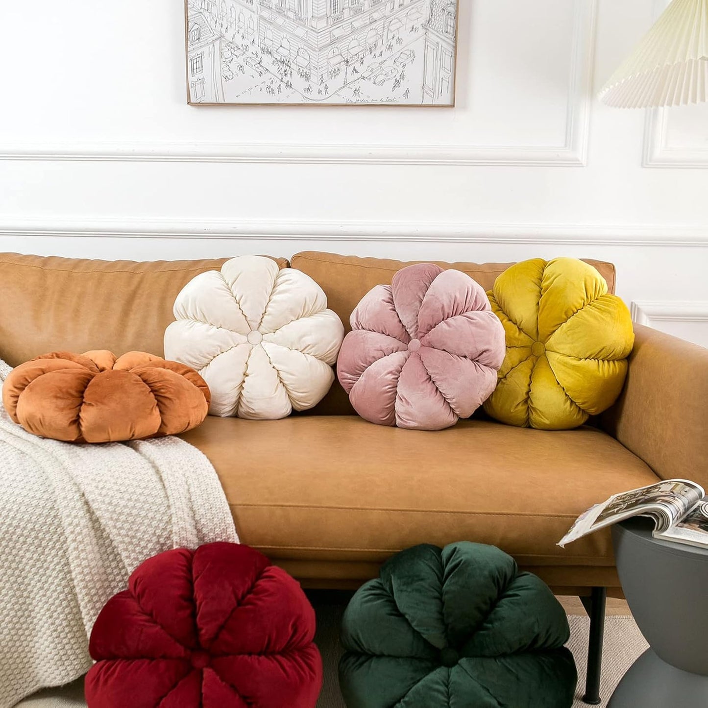Flower Pillow Cushion Round Decorative Throw Pillow for Couch Bedroom Flower-Shaped Floor Cushion for Girls Kids (White, 15.7”)