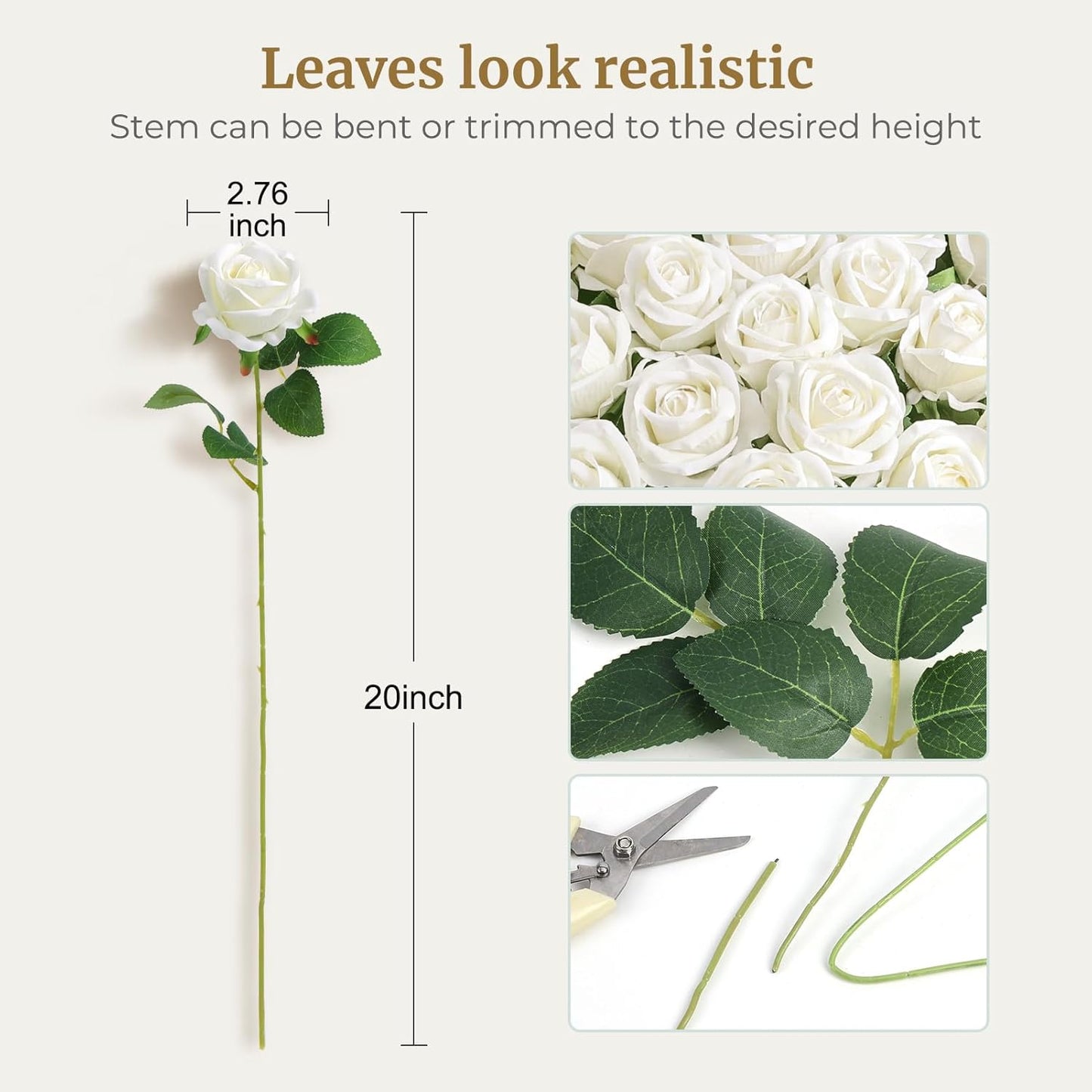 60PCS Artificial Roses Bulk, White Velvet Silk Fake Roses, Realistic White Flowers for Wedding Centerpieces, Bridal Bouquets, Home Decor, Baby Shower, Valentine's Day Party Decorations
