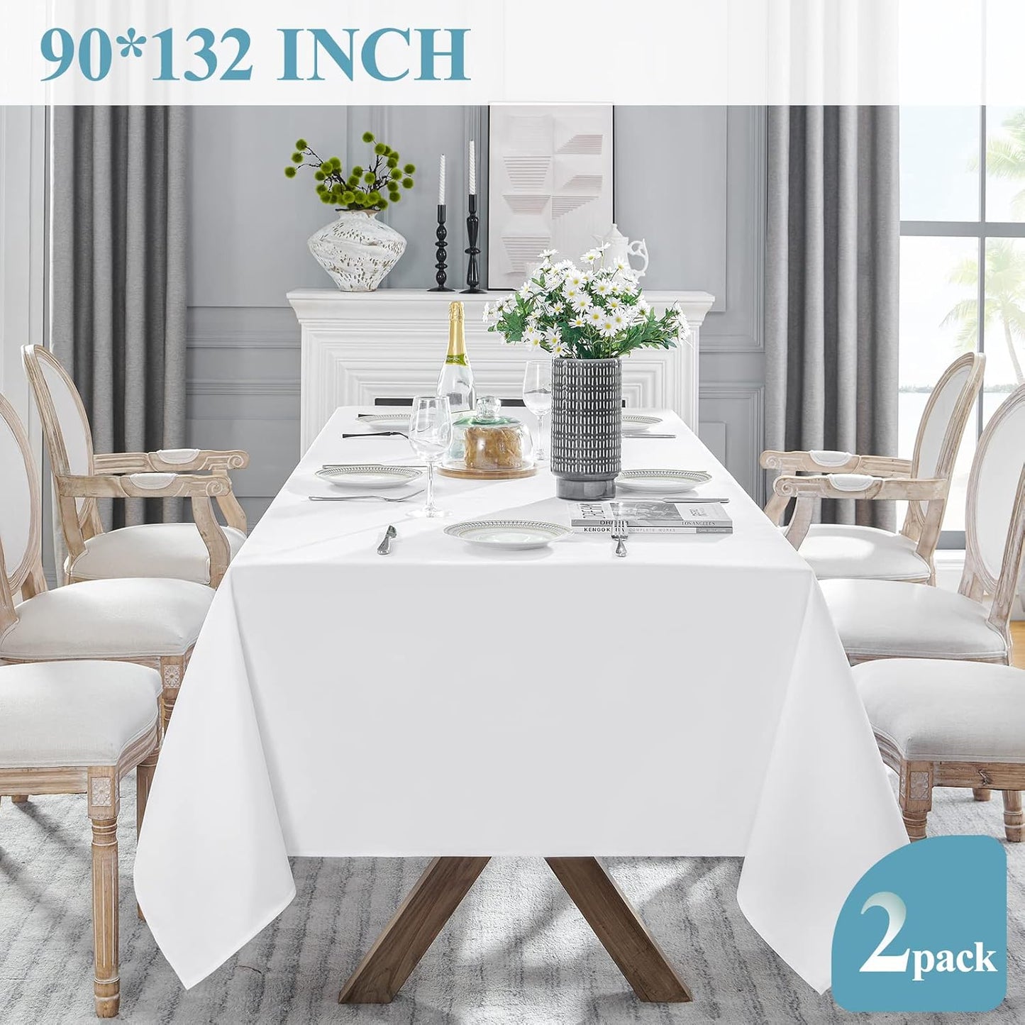 VidaFete 2 Pack 90*132inch Rectangle Tablecloth Polyester Table Cloth，Stain Resistant and Wrinkle Polyester Dining Table Cover for Kitchen Dinning Party Wedding Rectangular Tabletop Decoration(White)