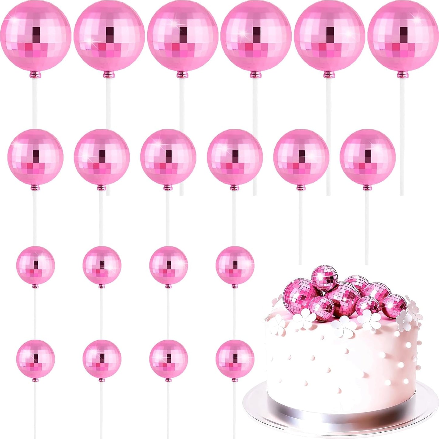 ASTARON 20 Pcs Disco Ball Cake Topper Decorations Sticks Pink Cake Balls Picks Toppers for Birthday Anniversary Disco Retired Theme Party Decorations