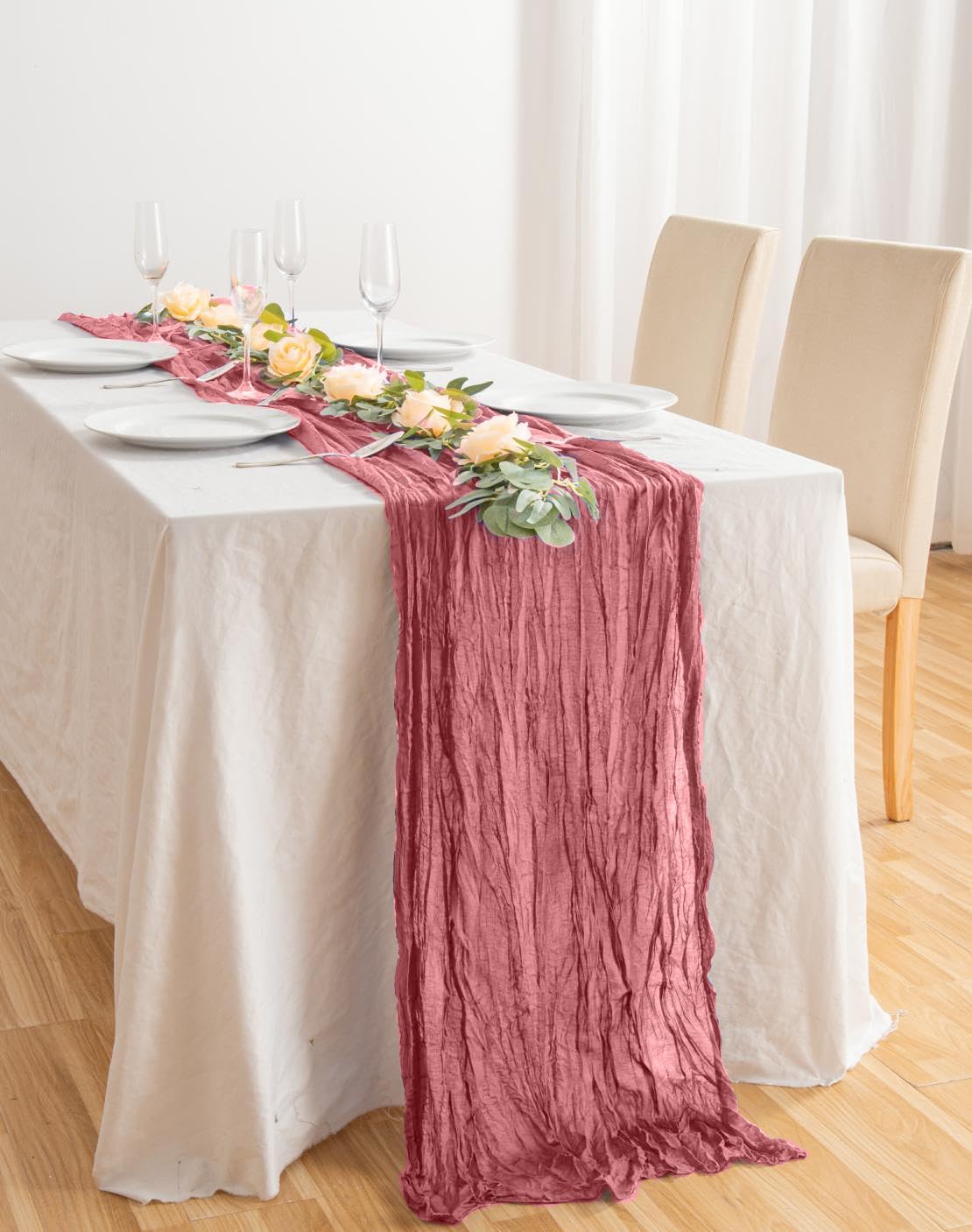 12 Pack Dusty Rose 10 Ft Cheesecloth Table Runner 20x120 Inch Boho Wrinkled Sheer Romantic Gauze Decor for Wedding, Bridal Shower, Birthday Party