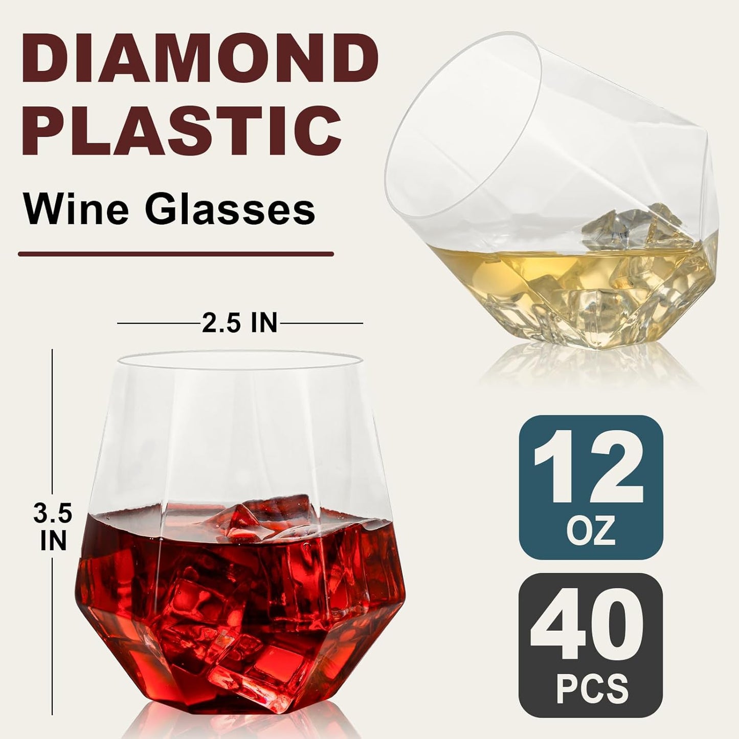 Goodluck 40 PCS Diamond Stemless Plastic Wine Whiskey Glasses, 12 Oz Disposable Cocktail Glasses, Suitable for Weddings, Birthday Parties, Family Gatherings, Bars, etc (Clear)