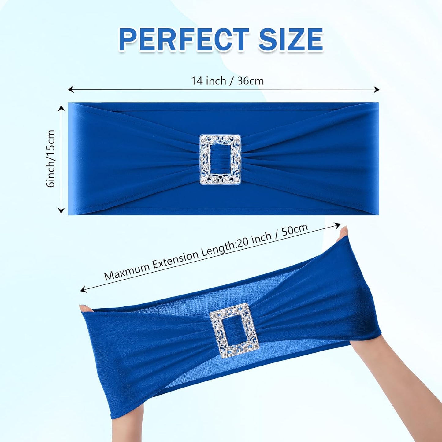 Joccun 120 PCS Spandex Chair Sashes Bows Stretch Chair Cover Band with Buckle Slider Universal Elastic Chair Ties for Wedding Banquet Party Event Decoration (Royal Blue)