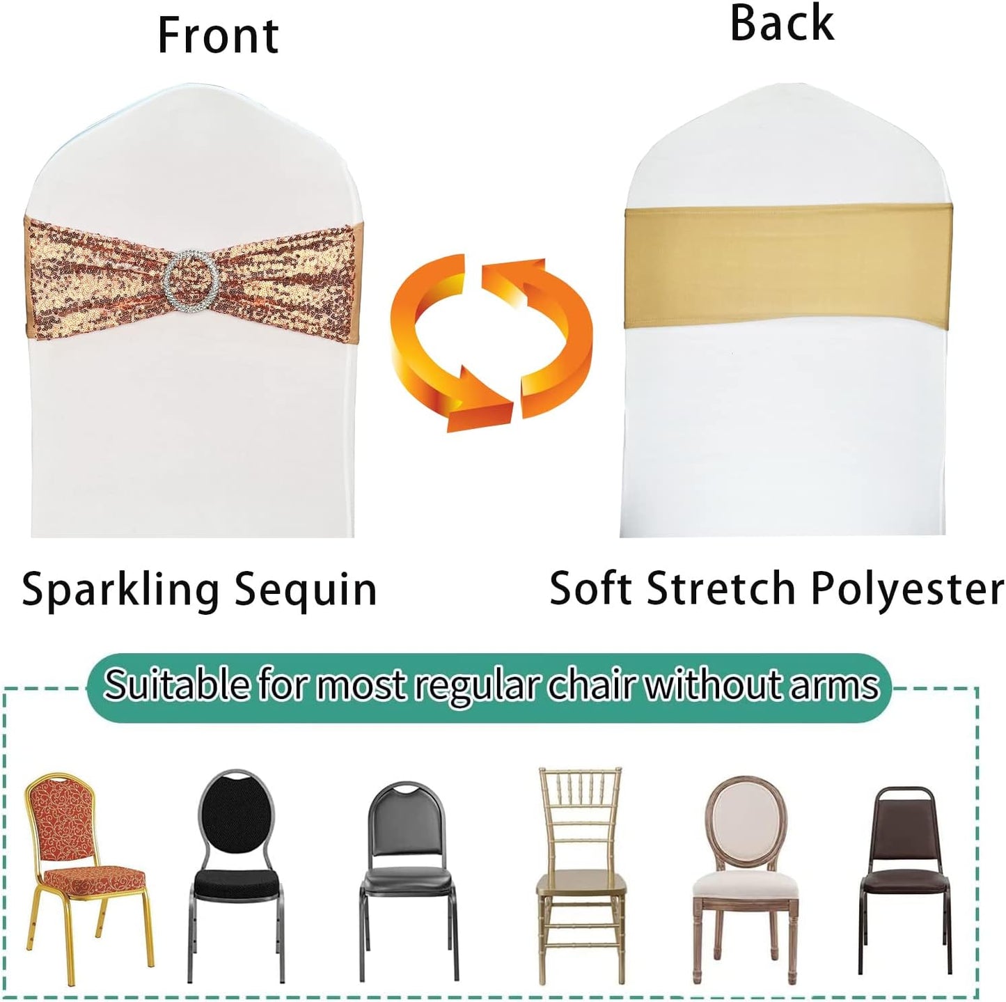 10 Pcs Sequin Chair Sashes Stretch Chair Bands Spandex Polyester Bows for Party Hotel Wedding Banquets Decoration - Rose Gold