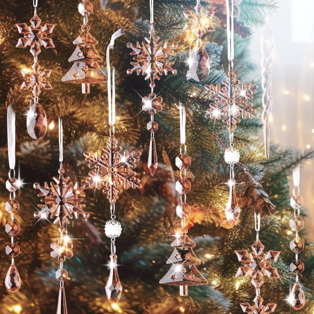 Lanpn 26pcs Christmas Ornaments Crystal Christmas Tree Decoration, Hanging Clear Acrylic Snowflake Icicle Drop Pendants for Xmas Winter Outdoor Indoor Party Decoration Gold