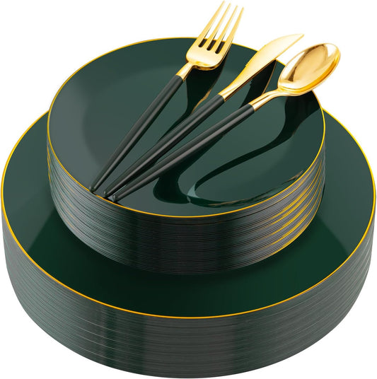 Liacere 150PCS Green Plastic Plates - Gold Plastic Silverware with Green Handle - Heavy Duty Fancy Plastic Plates Disposable Include 30 Guests Plates, Forks, Spoons, Knives for wedding＆Labor Day
