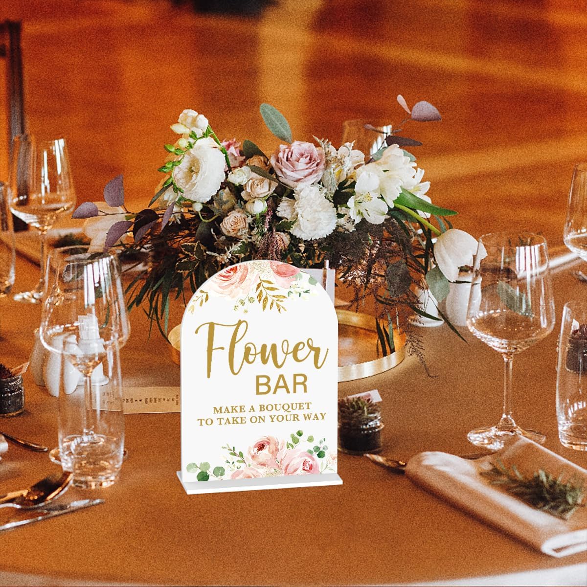 Acrylic Wedding Signs, Flower Bar Desk Decor, Flower Bar Signs for Ceremony, Modern Calligraphy Arch Acrylic Table Top Sign for Wedding Reception and Engagement Parties (Pink Flowers)