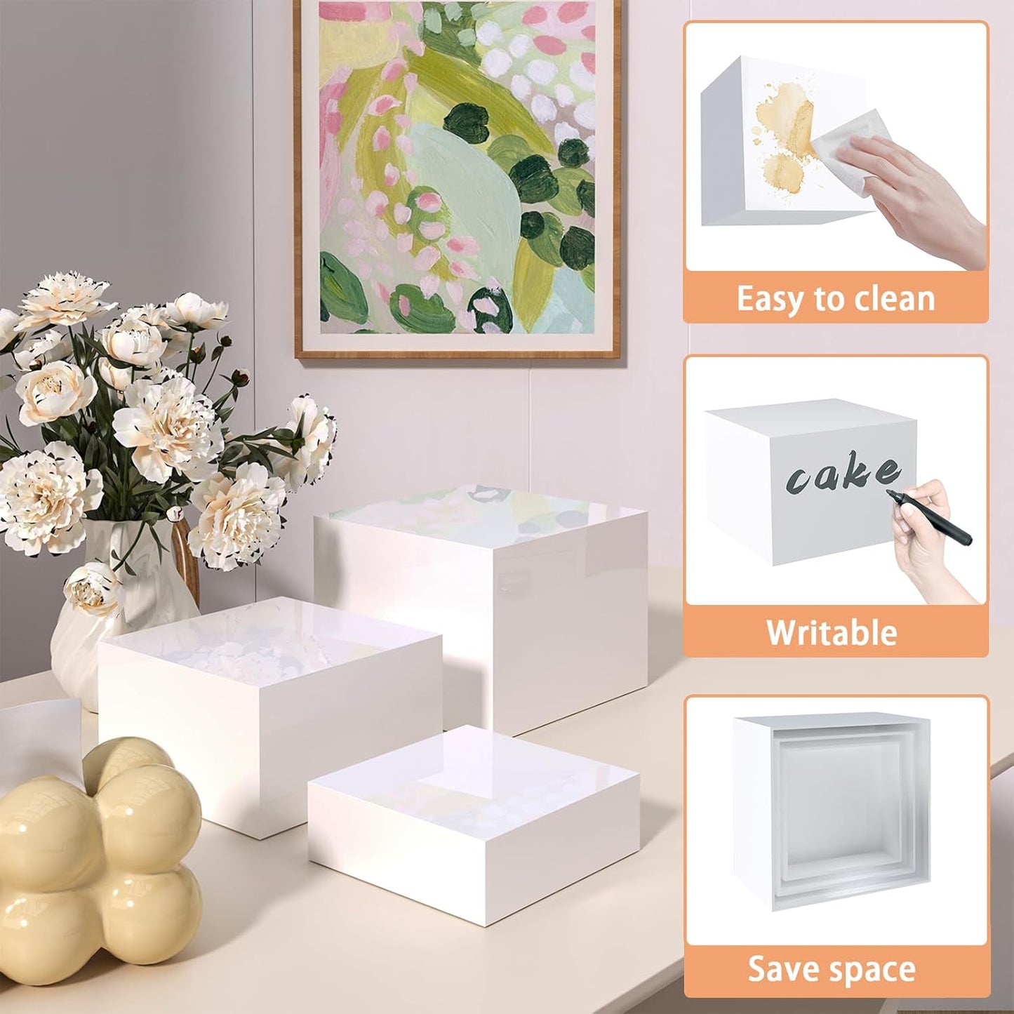 Buffet Risers, Food Display Risers for Party, Glossy White Acrylic Risers Display Stand for Buffet Table, Catering Displays for Dessert, Cube Box Nesting Riser with Hollow Bottoms (8"x9"x10" 6PCS)