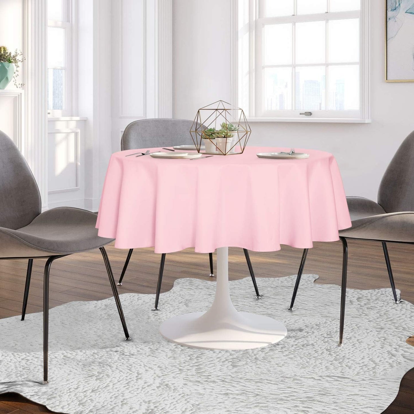 sancua Round Tablecloth - 70 Inch - Water Resistant Spill Proof Washable Polyester Table Cloth Decorative Fabric Table Cover for Dining Tables, Buffet Parties and Camping, Pink