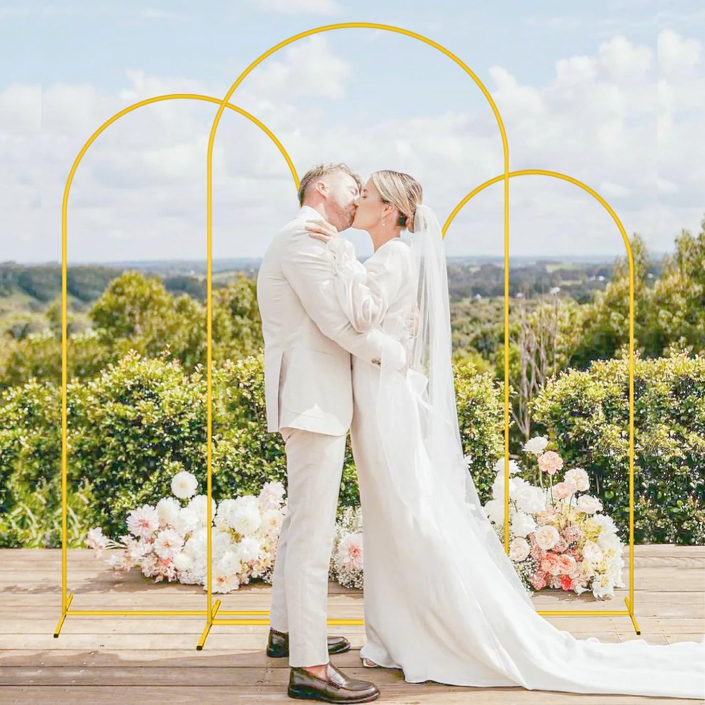 MODFUNS Arch Backdrop Stand and Cover Set Gold Wedding Arch Frame 4&5&6ft Sage Green Arches Backdrop Cover Set of 3 Metal Arched Stand with Covers for Party Baquet Reception Backdrop Decor