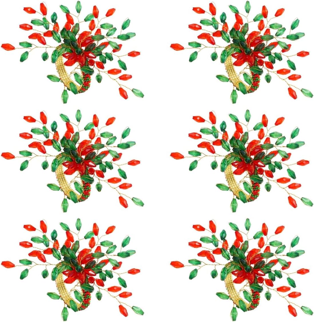 Handcrafted Beaded Napkin Rings Set of 6 – Red & Green Crystal Flower Design, Elegant Table Décor for Christmas, Weddings & Dinner Parties