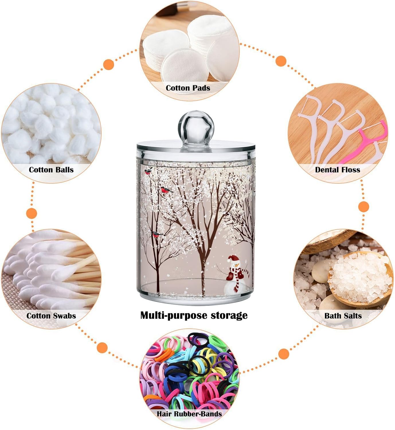 Christmas Winter Qtip Holder Dispenser 4 Pack Snowmen Snow Courtyard with Trees Apothecary Jars with Lids Bathroom Vanity Countertop Canister Storage Organizer for Cotton Ball,Swabs,Pads,Floss