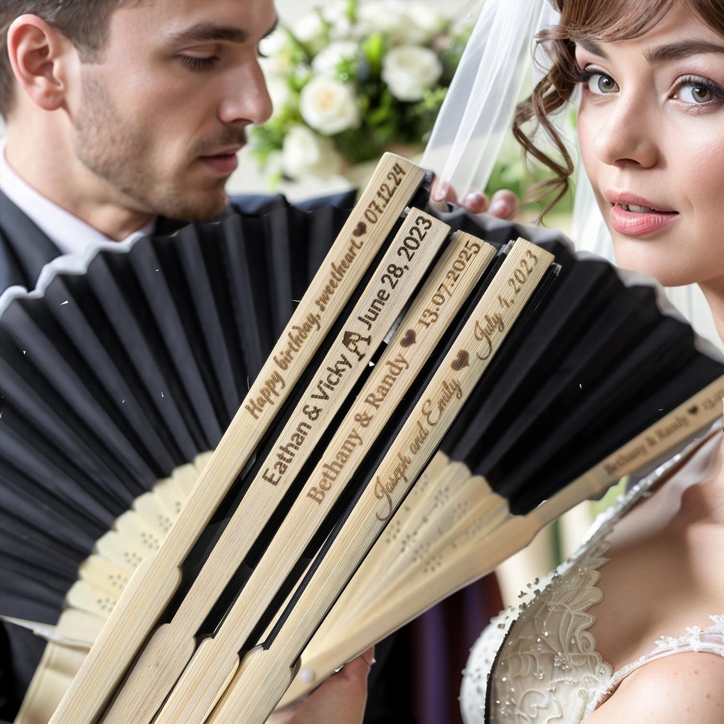 90Pcs Personalized Silk Fans Folding Hand Fan, Custom Wedding Bridal Party Favors, Summer Wedding Bride, Wedding Gift, Thank You Gift (Black)