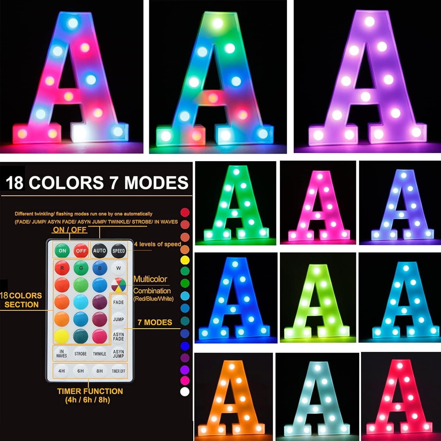Light Up Colorful LED Marquee Letter lights, 18 Colors Changing Alphabet Letters Sign with Remote Timer for Night Light Girls Bedroom Wedding Birthday Party Lamp Christmas Home Bar Decor- Colorful A