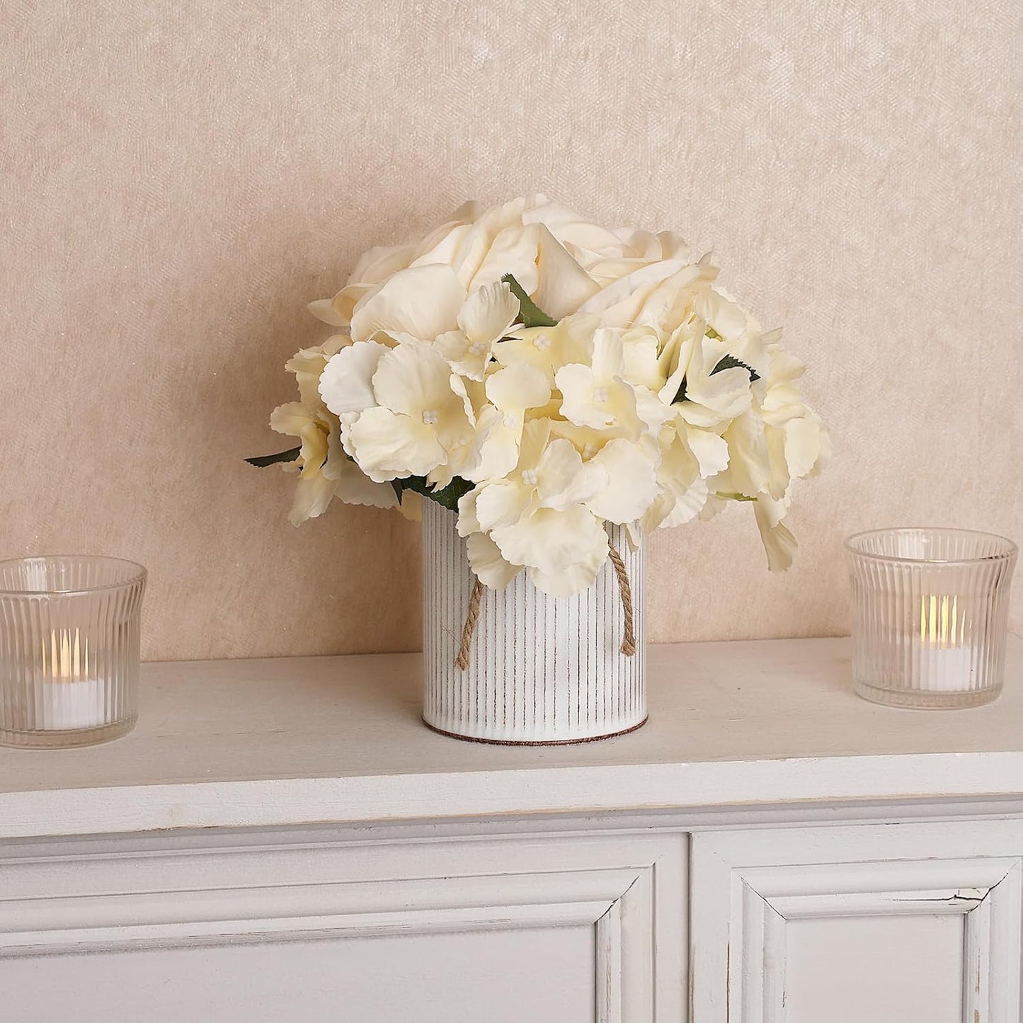 Flower Table Centerpieces - Set of 6 Floral Arrangement Artificial Wedding Hydrangeas Floral Arrangement with Rustic Metal Vase for Bridal Tea Party Event Decorations - Champagne