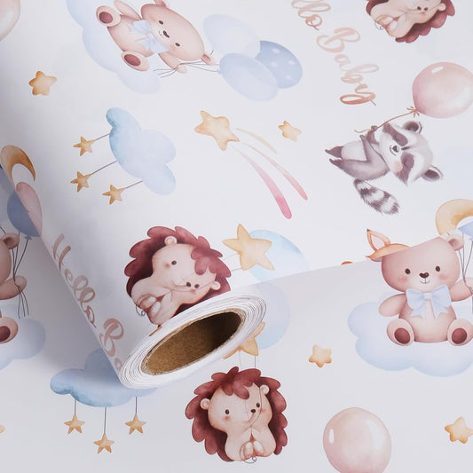 Aimyoo Baby Shower Wrapping Paper Roll - 17 Inch x 32.8 Feet - Cute Animal with Hello Baby Letter Design Perfect for Boys Girls, Birthday, Party