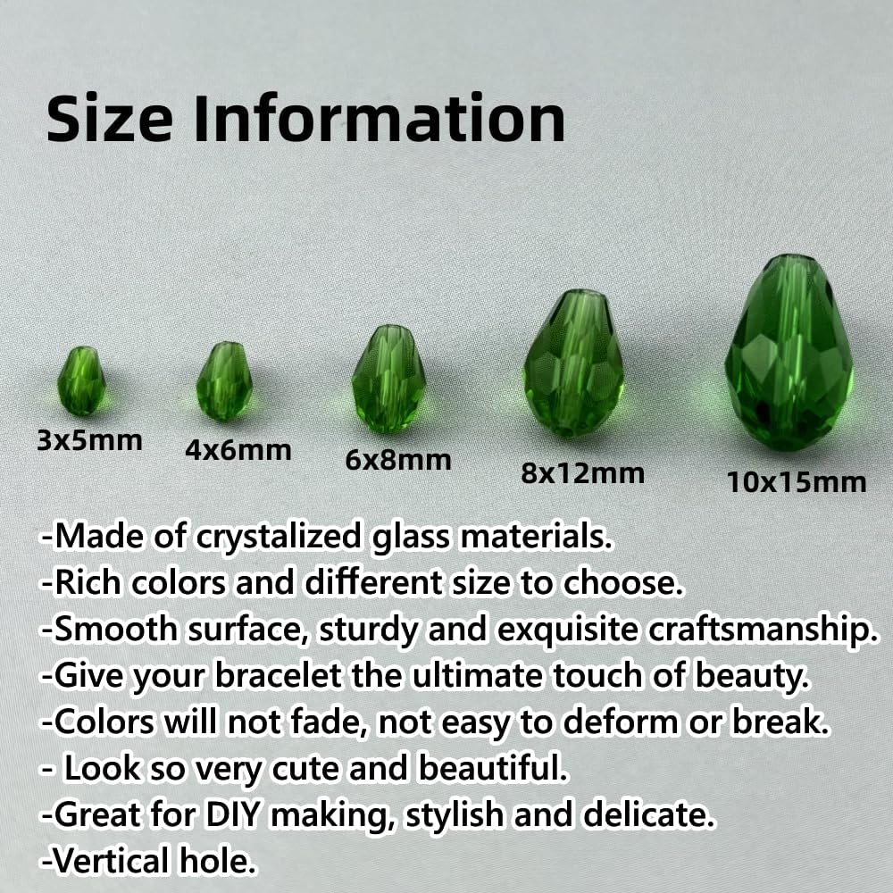 130pcs 6x8mm Teardrop Crystal Glass Beads for Jewelry Making, Faceted Vertical Hole Teardrop Glass Spacer Beads for Wind Chimes Bracelet Earring Necklace DIY Craft(Grass Green)