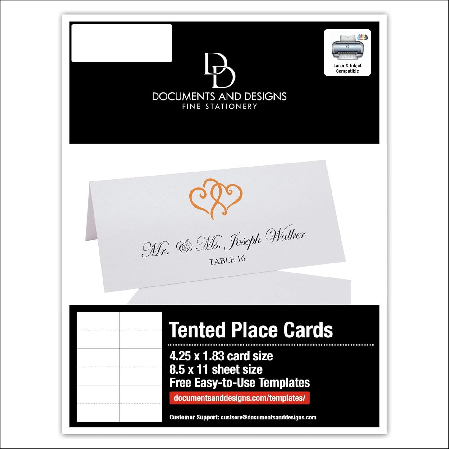 Linked Hearts Printable Place Cards, Orange (Choose Color), Set of 150 (25 Sheets), Laser & Inkjet Printers - Wedding, Party, Dinner, and Special Events - Made in the USA