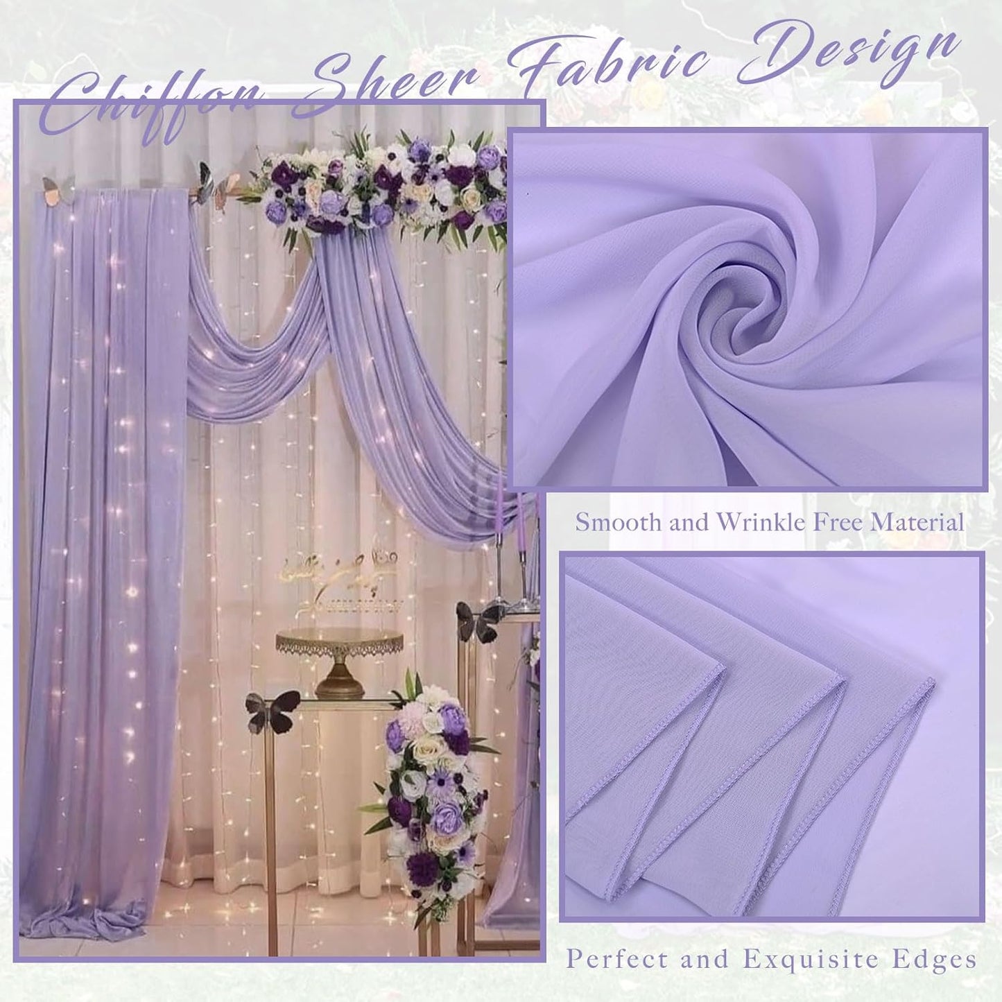Wedding Arch Draping Fabric 2 Panels 20Ft Length x 28" Width Lilac Arch Drapes Chiffon Fabric Sheer Curtains Backdrop for Party Ceremony Decor Wedding Outdoor Indoor Stage Reception Decorations
