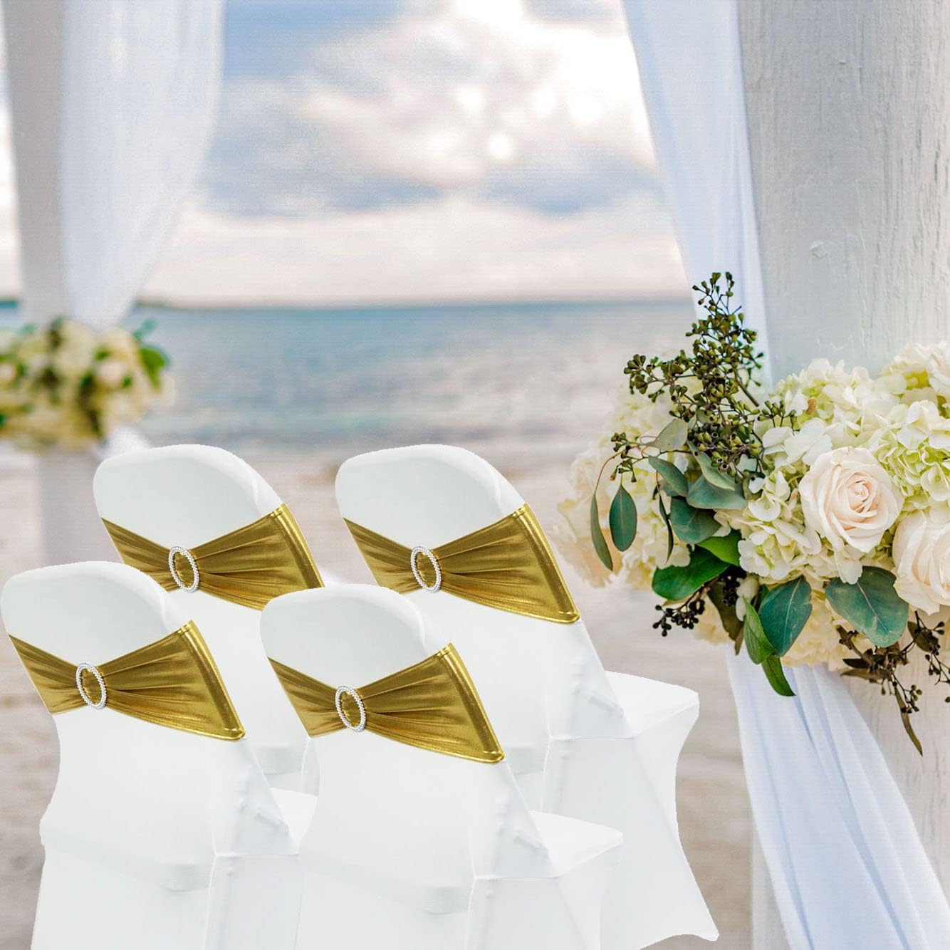 Spandex Chair Sashes Bands 30PCS Stretch Chair Ties Bows with Buckle Slider for Wedding Party Banquet Decoration (Metallic Gold)…