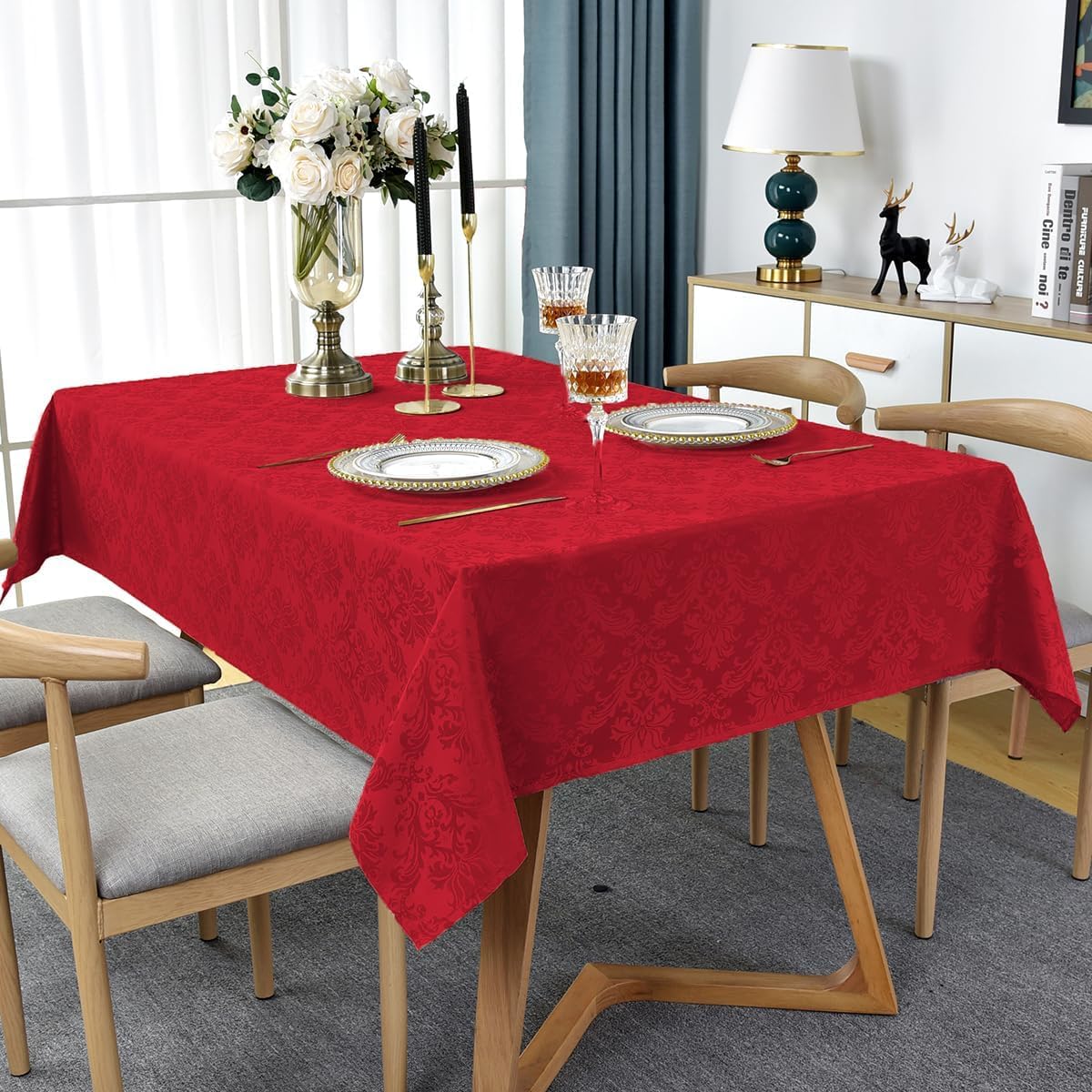 Jacquard Christmas Tablecloth Rectangle 52 x 70 Inch, Waterproof Wrinkle Free Floral Damask Table Cloth, Soft Fabric Table Cover for Xmas, Holiday, Winter, Holiday, Party, Wedding, Red