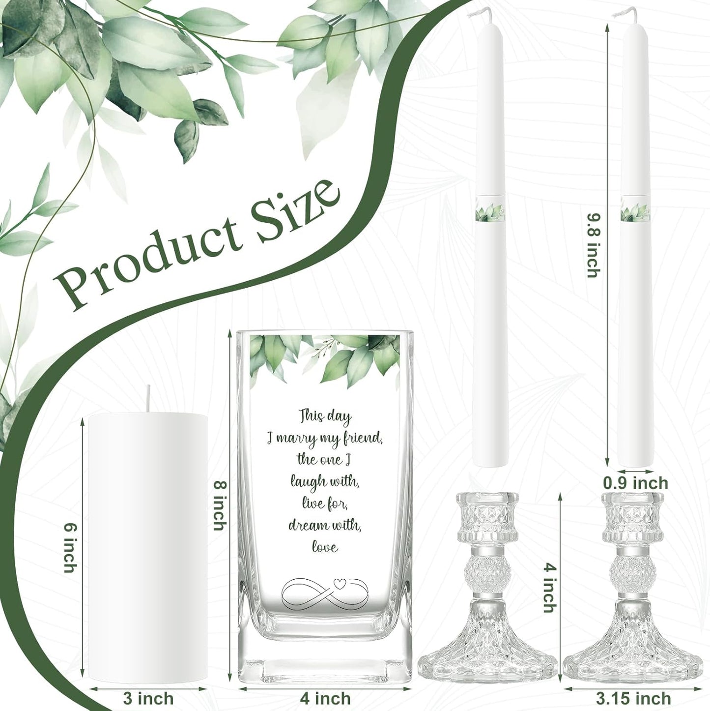 Unity Wedding Candles with Holder Wedding Ceremony Unity Candles Set Catholic Religious Accessories Large Decorative Glass Holder Taper for Church(Green Leaf)