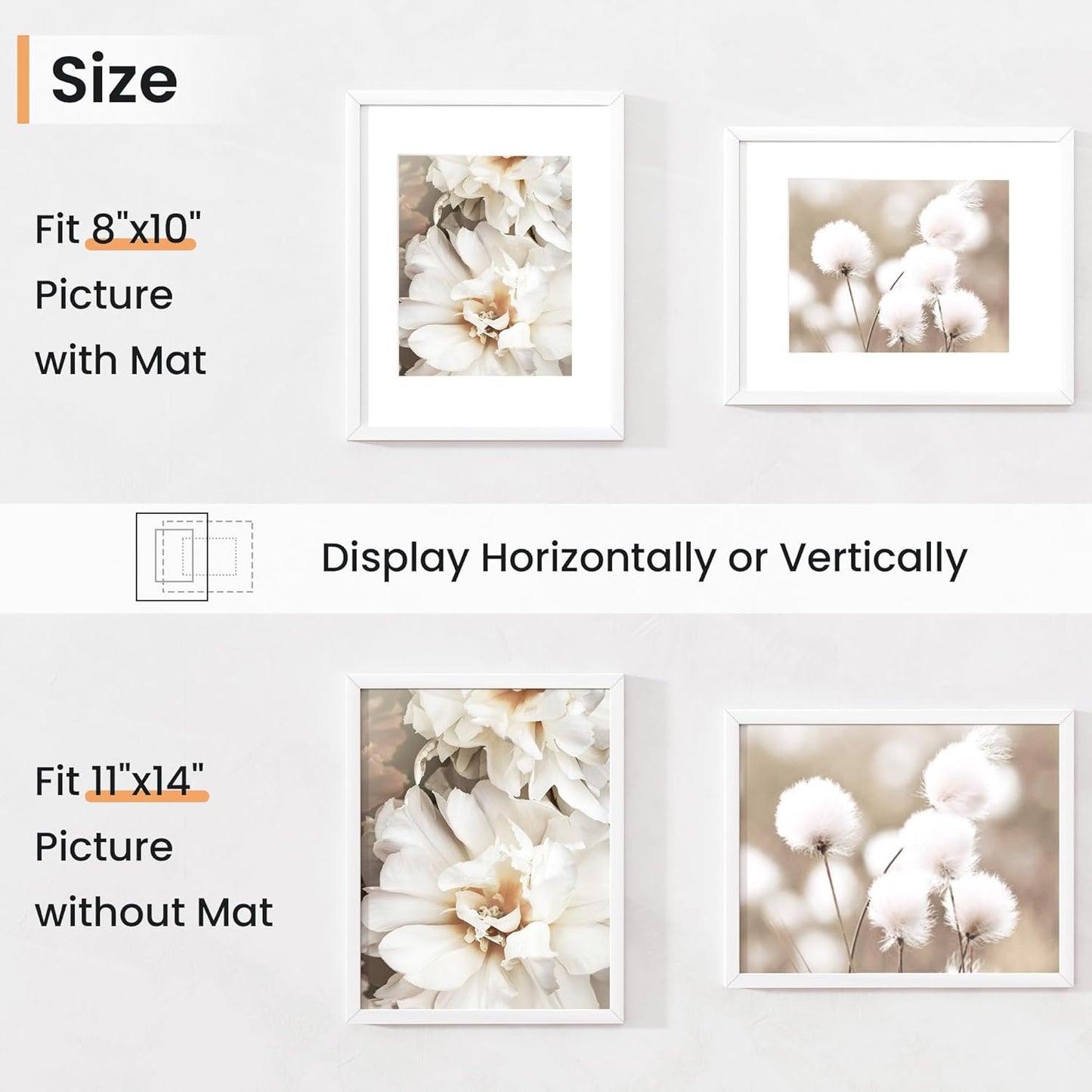 11x14 inch Picture Frame, 11x14 Photo Frames with 8x10 Removable Mat - High Definition Plexiglass - Vertical and Horizontal Display - Wall Hanging Frame - White, 12 Pack