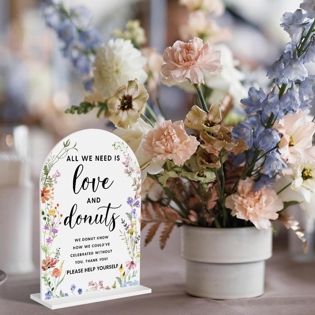 Acrylic Wedding Signs, Love and Donuts Signs for Marriage Reception, Bridal Shower Decorations, Modern Arched Round Top Acrylic Table Top Sign with Holder for Wedding Party Dinner (White Wildflowers)