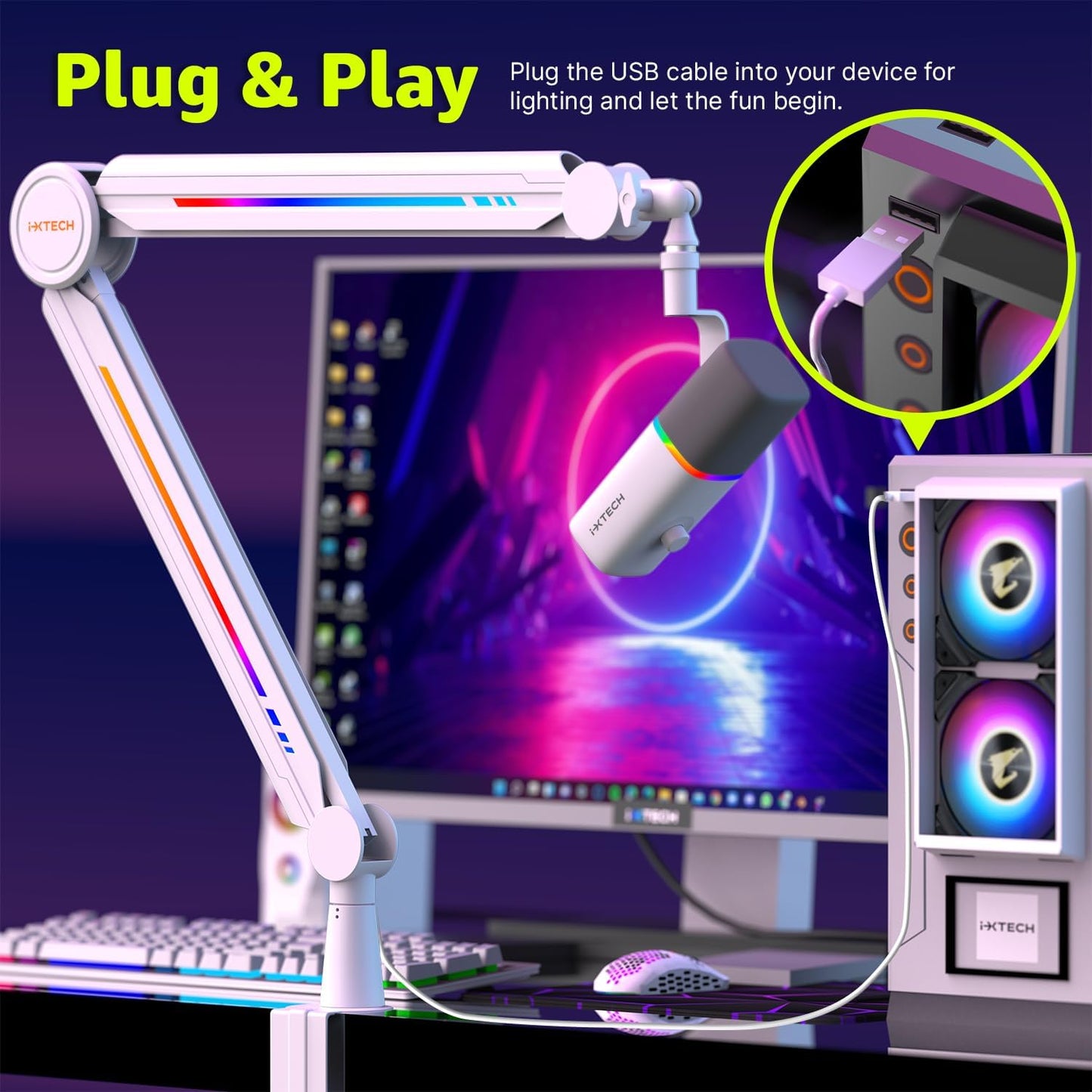 IXTECH RGB Mic Boom Arm High Profile, Overhead Boom Arm Microphone Stand Desk Mount, Adjustable Microphone Stand with Desk Mount, Mic Arm for Live Streaming Gaming Podcasting Recording.
