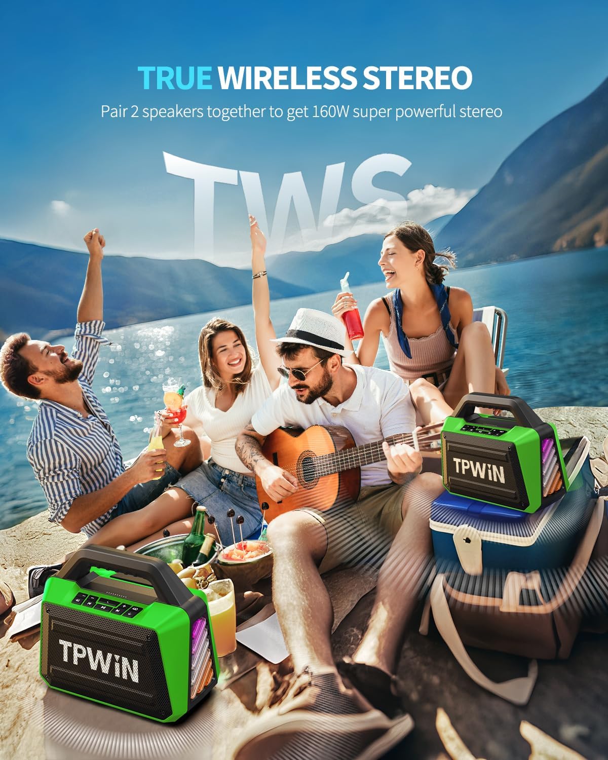 Bluetooth Speaker - 80W Loud Rugged Outdoor Speakers, IPX6 Waterproof, 20H Playtime, Deep Bass, Lightshow, TWS, BT 5.3 Wireless, Portable for Travel Hiking Camping Beach Pool - Green