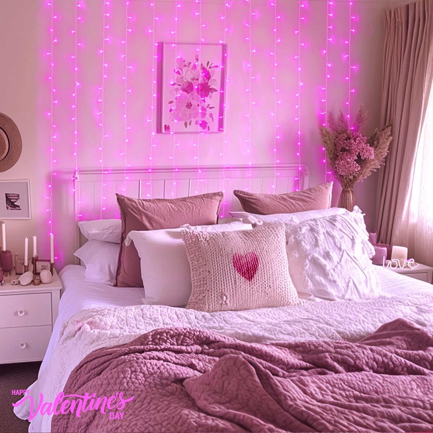 JMEXSUSS 300 LED Curtain Lights Plug in with Remote, 9.8X9.8FT Pink Christmas Lights Indoor, 8 Modes Pink String Lights for Bedroom Window Wall Party Backdrop Xmas Valentine Decorations