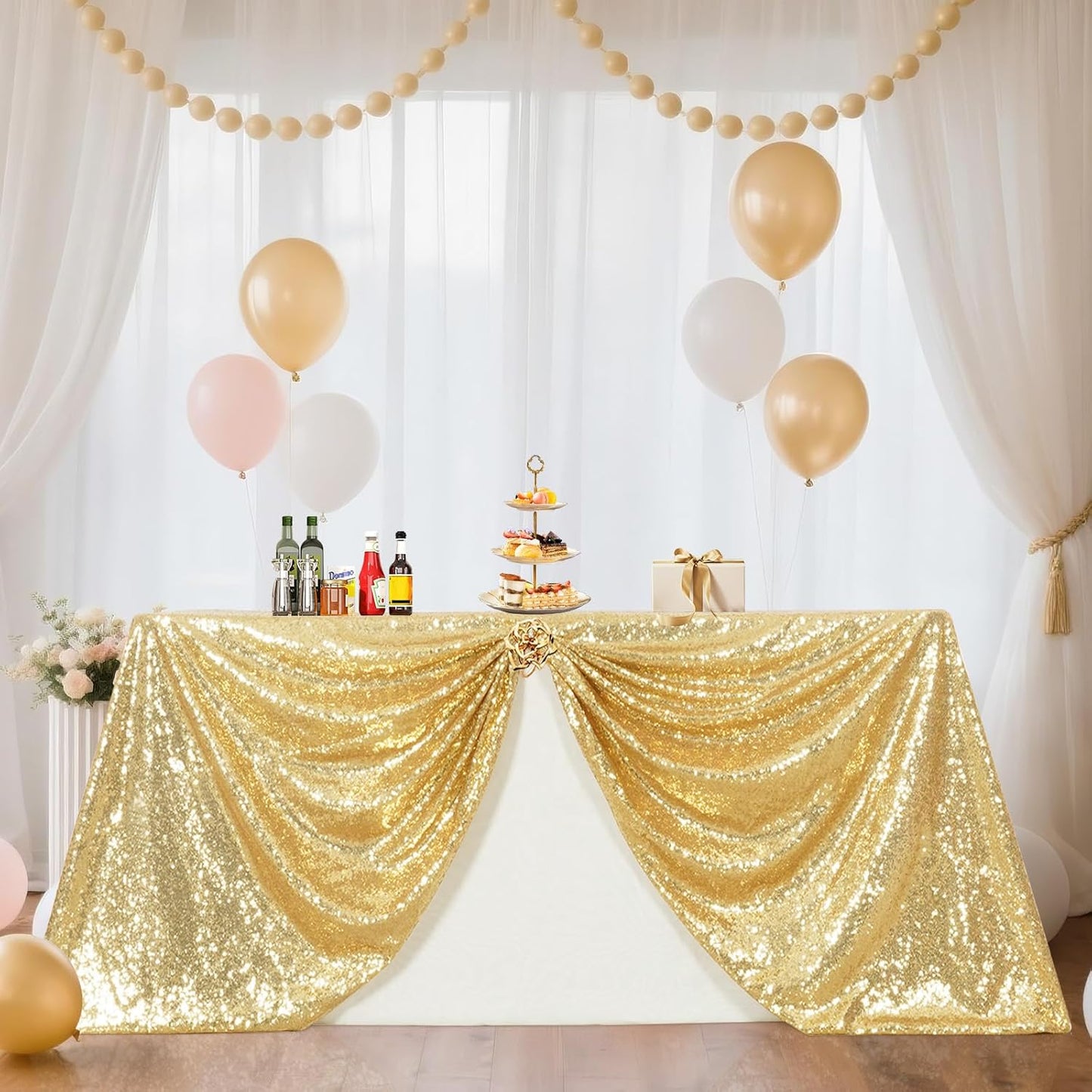 SquarePie Sequin Tablecloth 60 x 102 Inch Light Gold Sparkly Table Cloth for Wedding Party Decoration