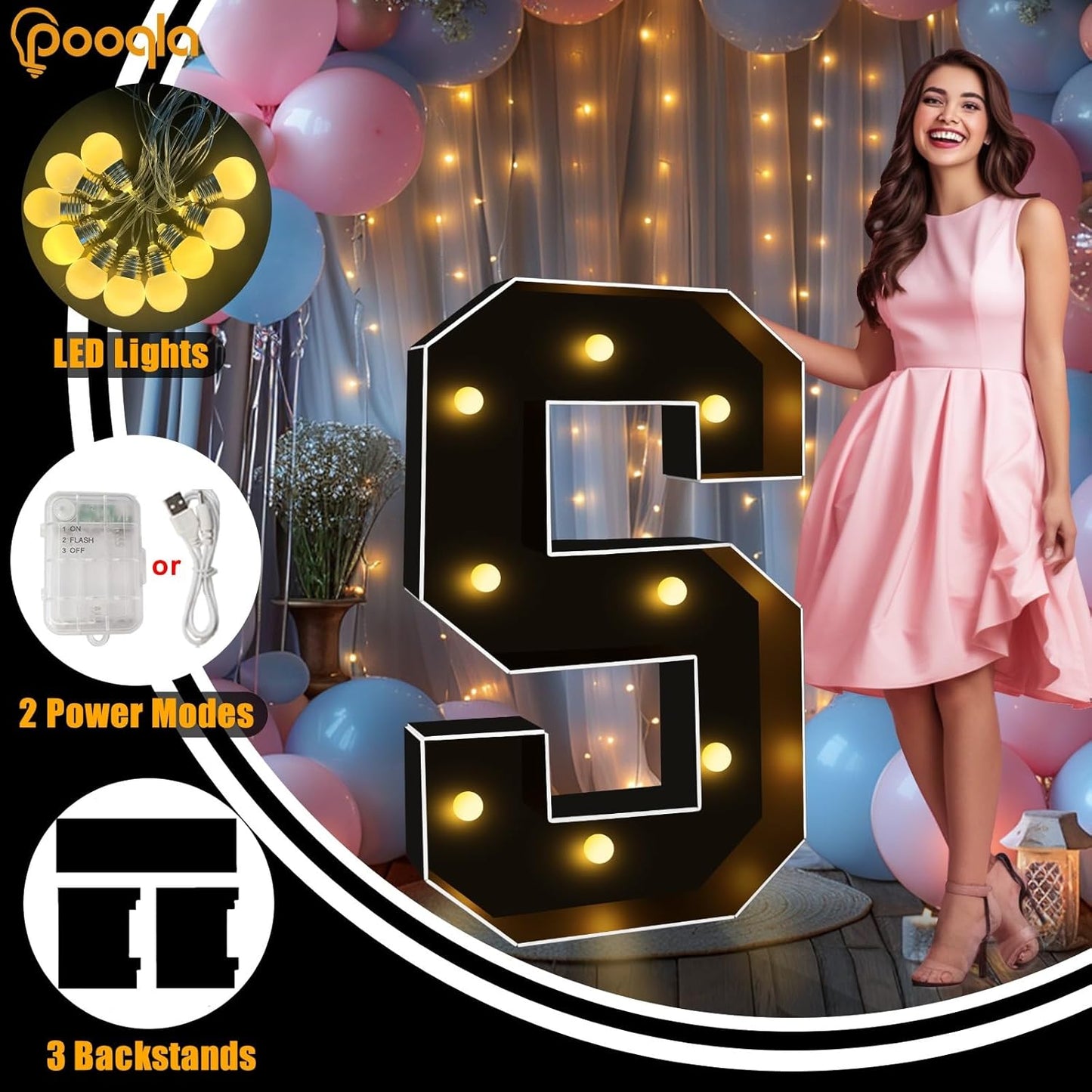 Pooqla 3 FT Marquee Light Up Letters, Black Marquee Letter Lights 3 Feet Tall, Giant LED Sign Big Mosaic Letters for Balloons Birthday Party Anniversary Wedding Decorations, Warm White R