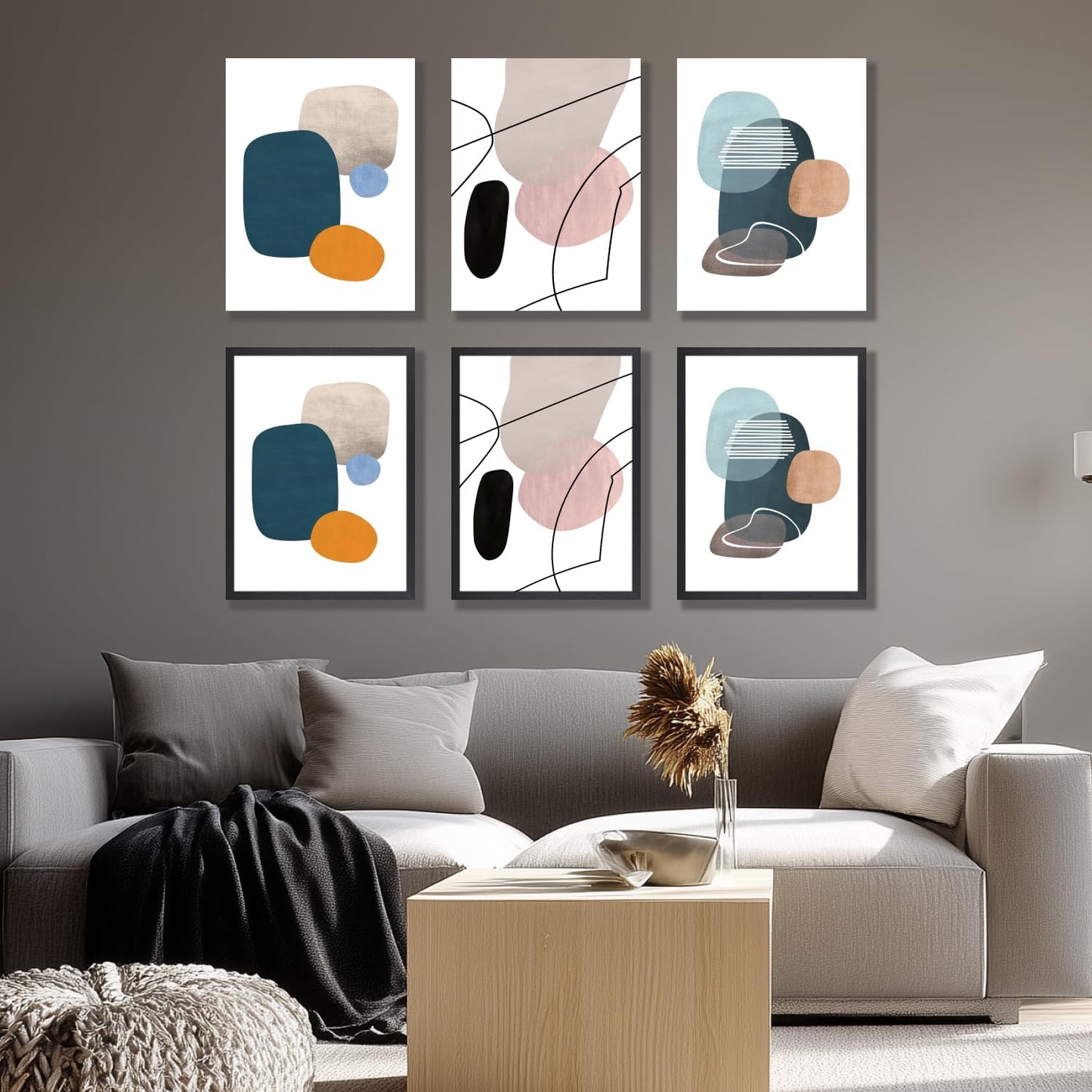 IAFWZX Wood Framed Abstract Geometric Wall Art, Orange Blue Beige Color Block Wall Decor, Modern Minimalist Canvas Painting, Neutral Boho Colorful Geometric Aesthetic Picture for office 16"x24"x3