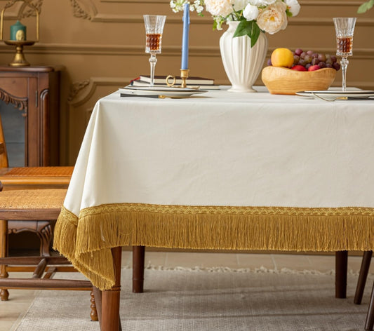 F-CHU Luxury White Tablecloth Thickset Velvet Tablecloth with Beautiful Gold Tassels Vintage Table Cloth for Home Decor Wedding, Party, Banquet and Events 60x102-Inch