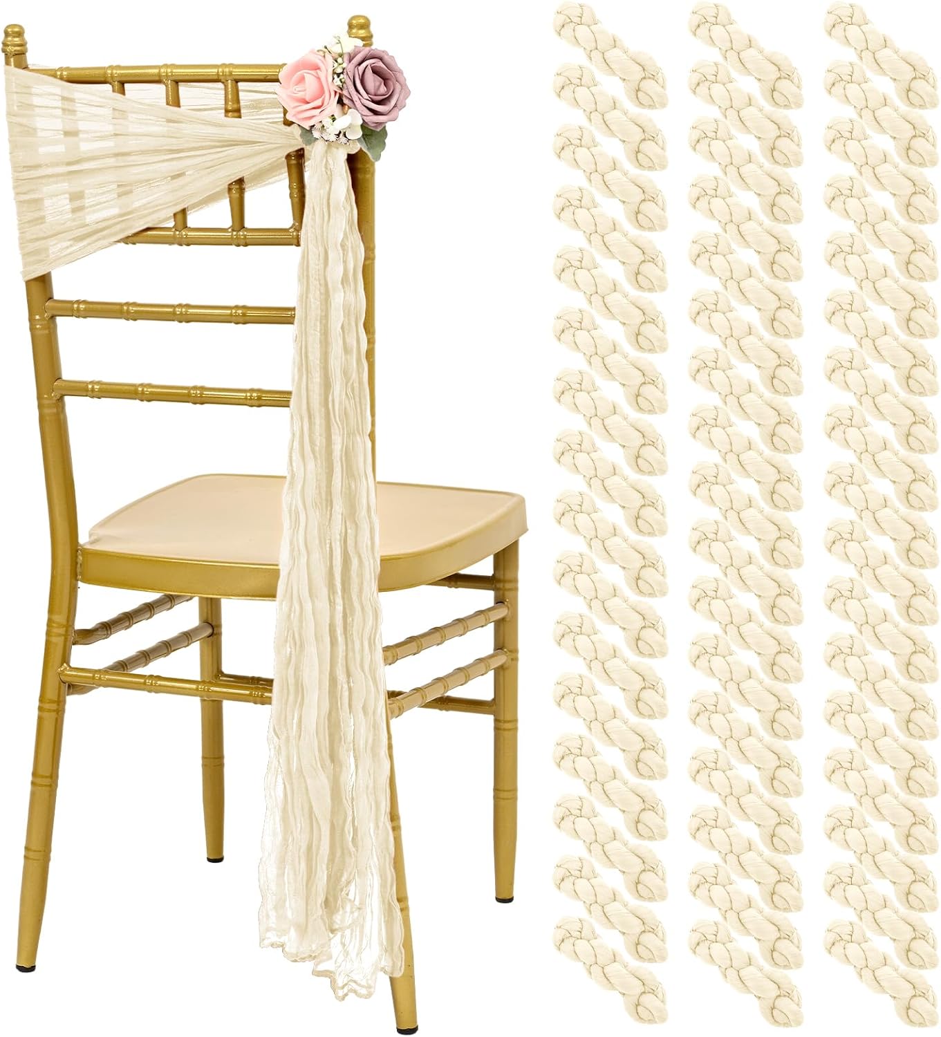 50 PCS Cheesecloth Chair Sashes, Bows Designed ChairSashes, 15.7x108 inch Chair Sashes for Aisle Decorations Universal Chairs Cover Decoration for Wedding Reception Party Banquet (Ivory)