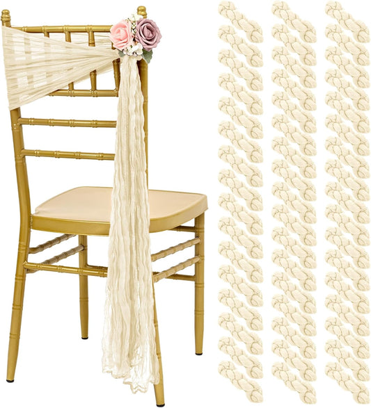 50 PCS Cheesecloth Chair Sashes, Bows Designed ChairSashes, 15.7x108 inch Chair Sashes for Aisle Decorations Universal Chairs Cover Decoration for Wedding Reception Party Banquet (Ivory)