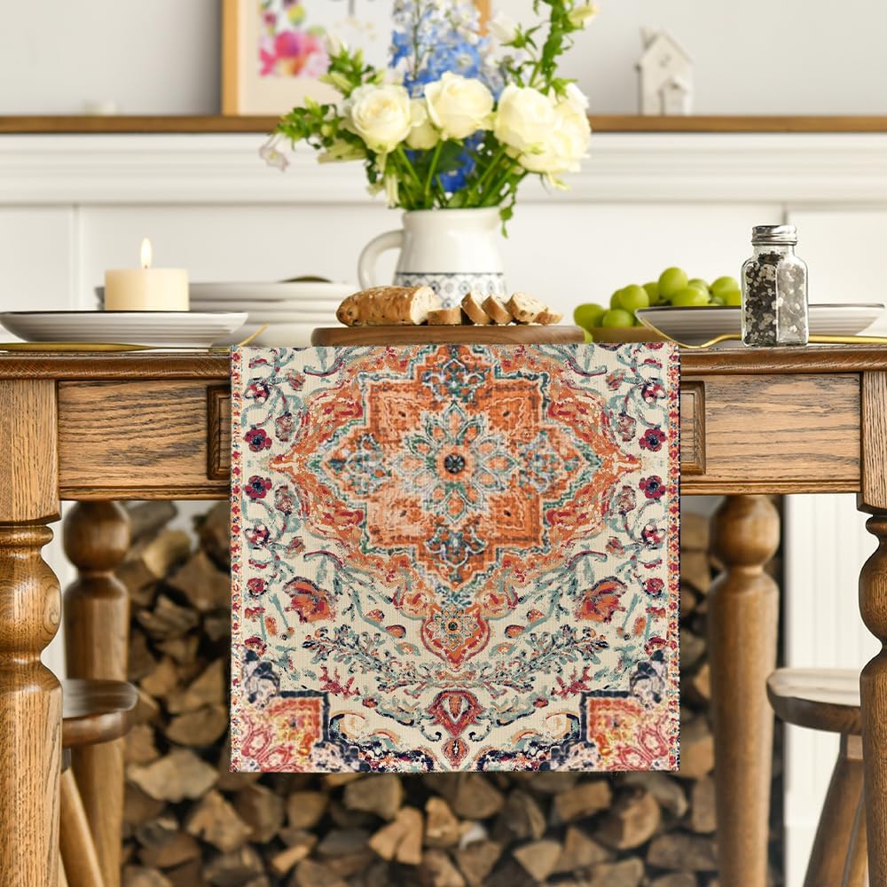 Artoid Mode Boho Bohemia Style Orange Table Runner, Country Rustic Farmhouse Magical Fall Kitchen Dining Table Decoration for Home Party Decor 13x120 Inch